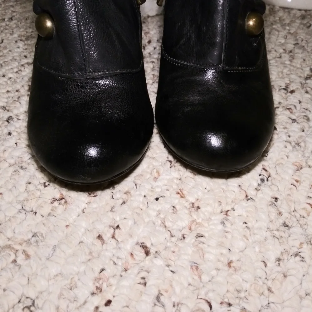 Anthro Seychelles Black Leather High Heel Booties with Button Detail